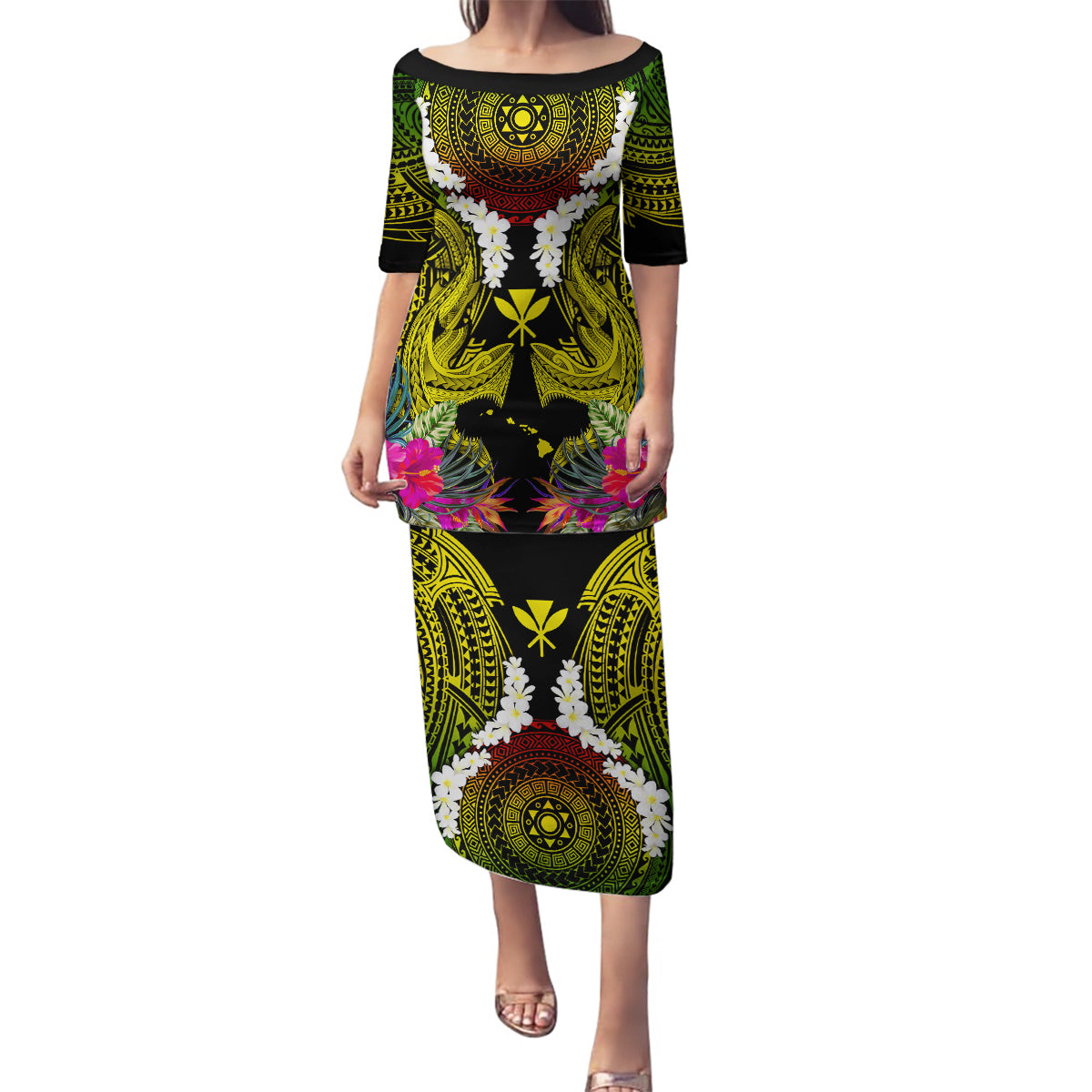 Hawaii Kanaka Maoli Family Matching Puletasi and Hawaiian Shirt Double Shark and Hibiscus Flowers LT03 Mom's Dress Black - Polynesian Pride