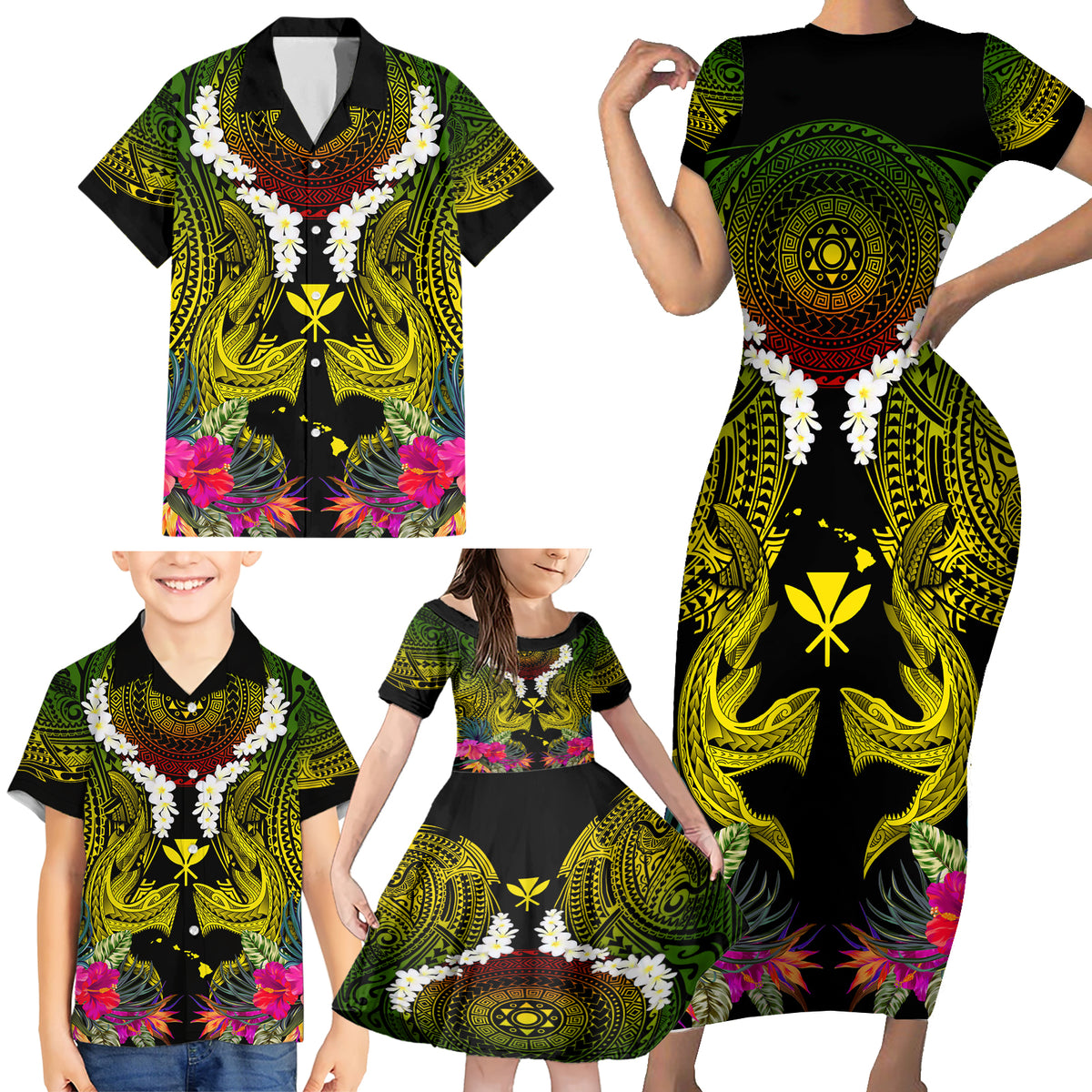 Hawaii Kanaka Maoli Family Matching Short Sleeve Bodycon Dress and Hawaiian Shirt Double Shark and Hibiscus Flowers LT03 - Polynesian Pride