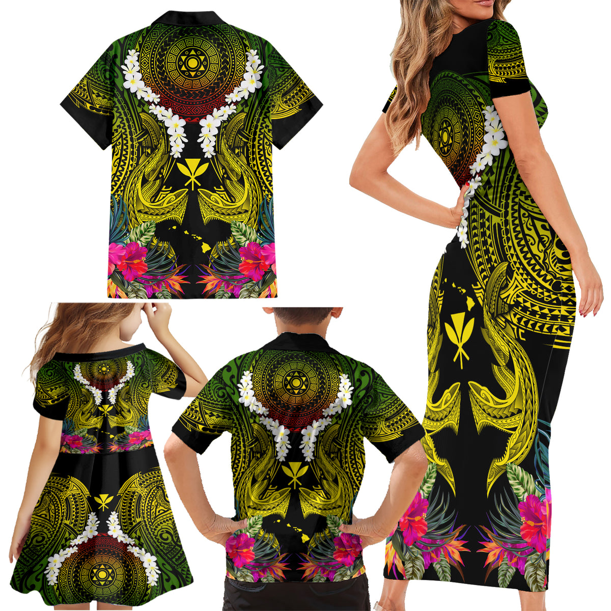 Hawaii Kanaka Maoli Family Matching Short Sleeve Bodycon Dress and Hawaiian Shirt Double Shark and Hibiscus Flowers LT03 - Polynesian Pride