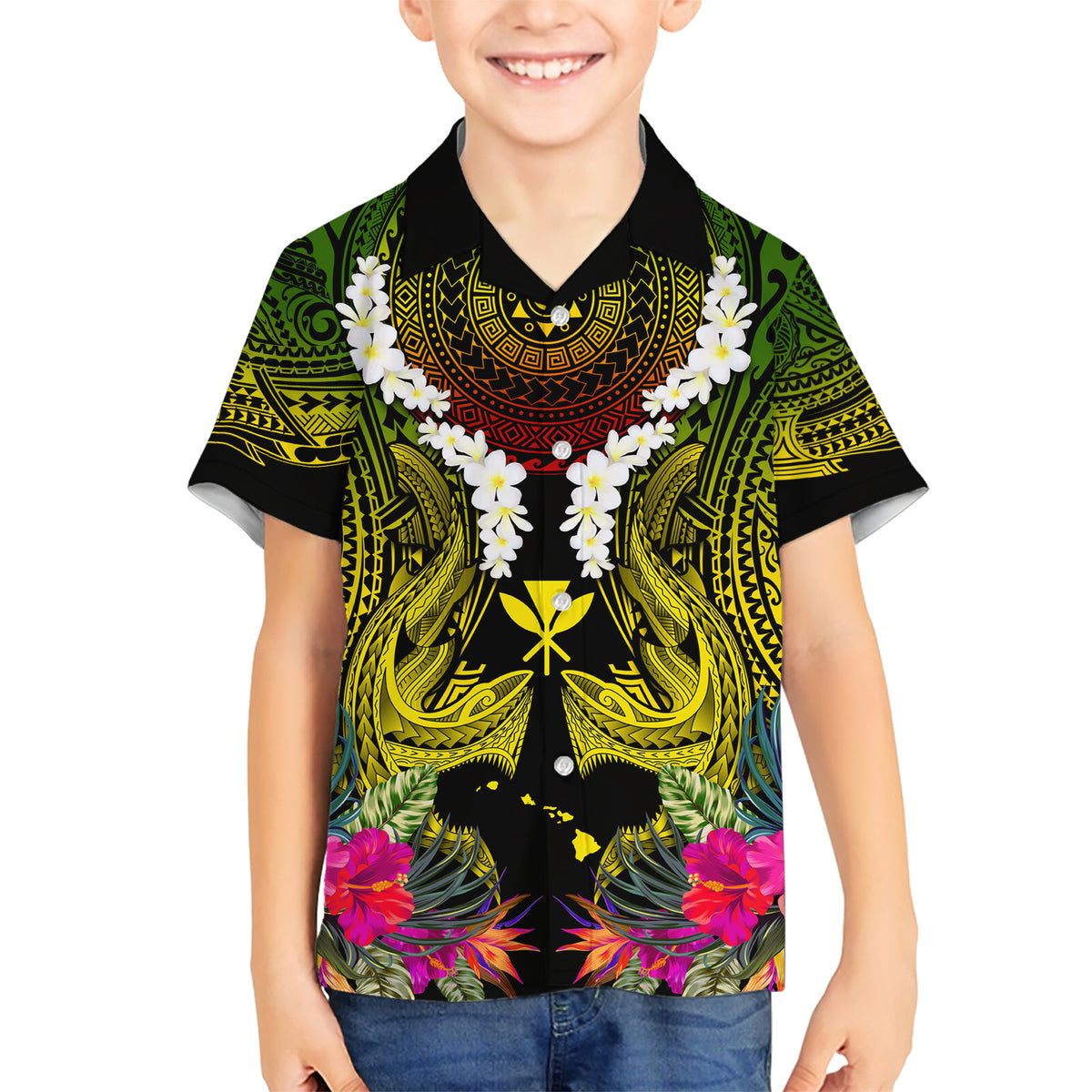 Hawaii Kanaka Maoli Family Matching Short Sleeve Bodycon Dress and Hawaiian Shirt Double Shark and Hibiscus Flowers LT03 Son's Shirt Black - Polynesian Pride