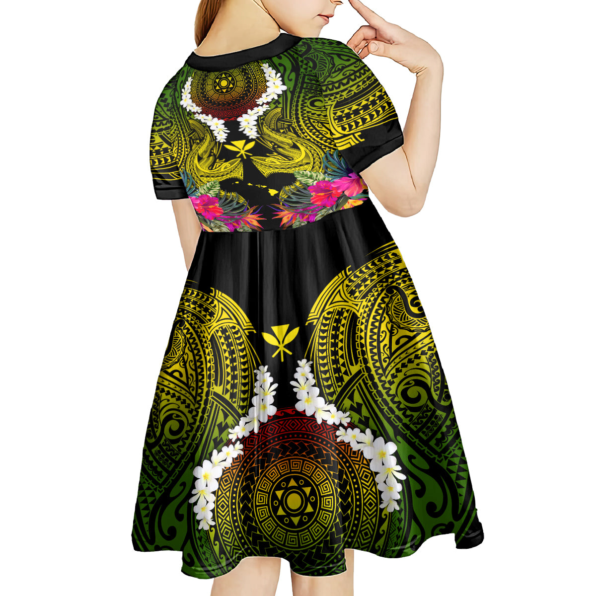 Hawaii Kanaka Maoli Kid Short Sleeve Dress Double Shark and Hibiscus Flowers