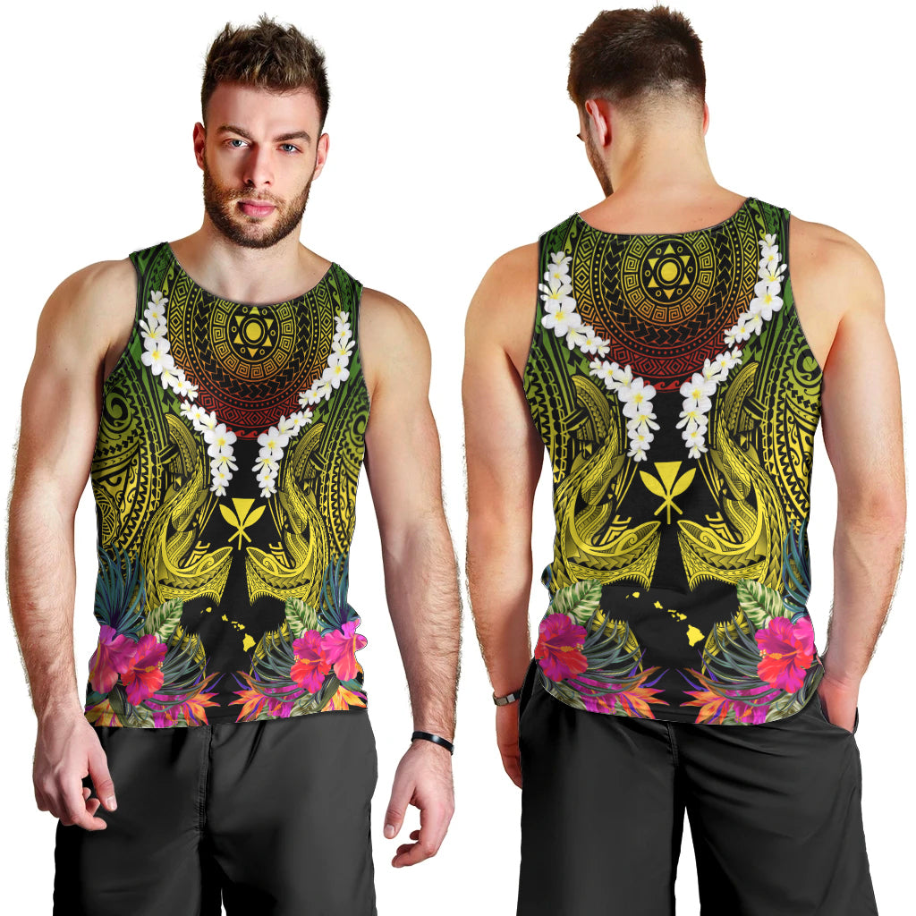 Hawaii Kanaka Maoli Men Tank Top Double Shark and Hibiscus Flowers