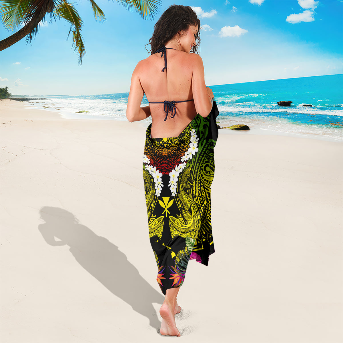 Hawaii Kanaka Maoli Sarong Double Shark and Hibiscus Flowers