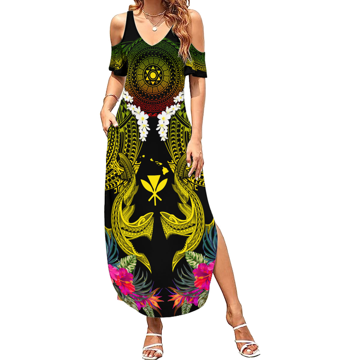 Hawaii Kanaka Maoli Summer Maxi Dress Double Shark and Hibiscus Flowers