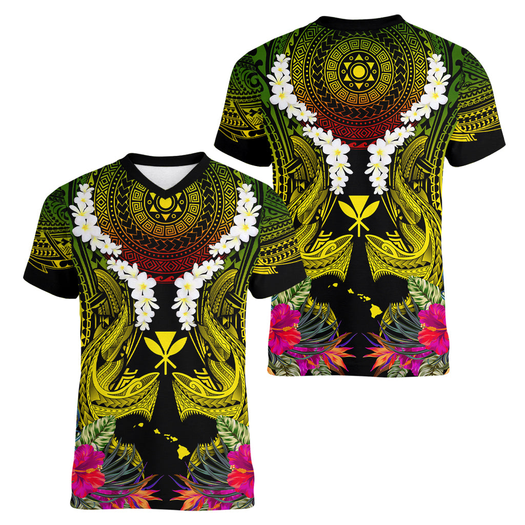 Hawaii Kanaka Maoli Women V-Neck T-Shirt Double Shark and Hibiscus Flowers
