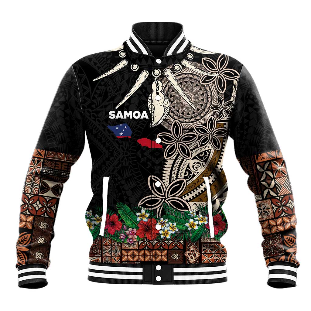 Samoa Siapo Polynesian Art Baseball Jacket Tropical Flowers and Tatau Pattern Brown