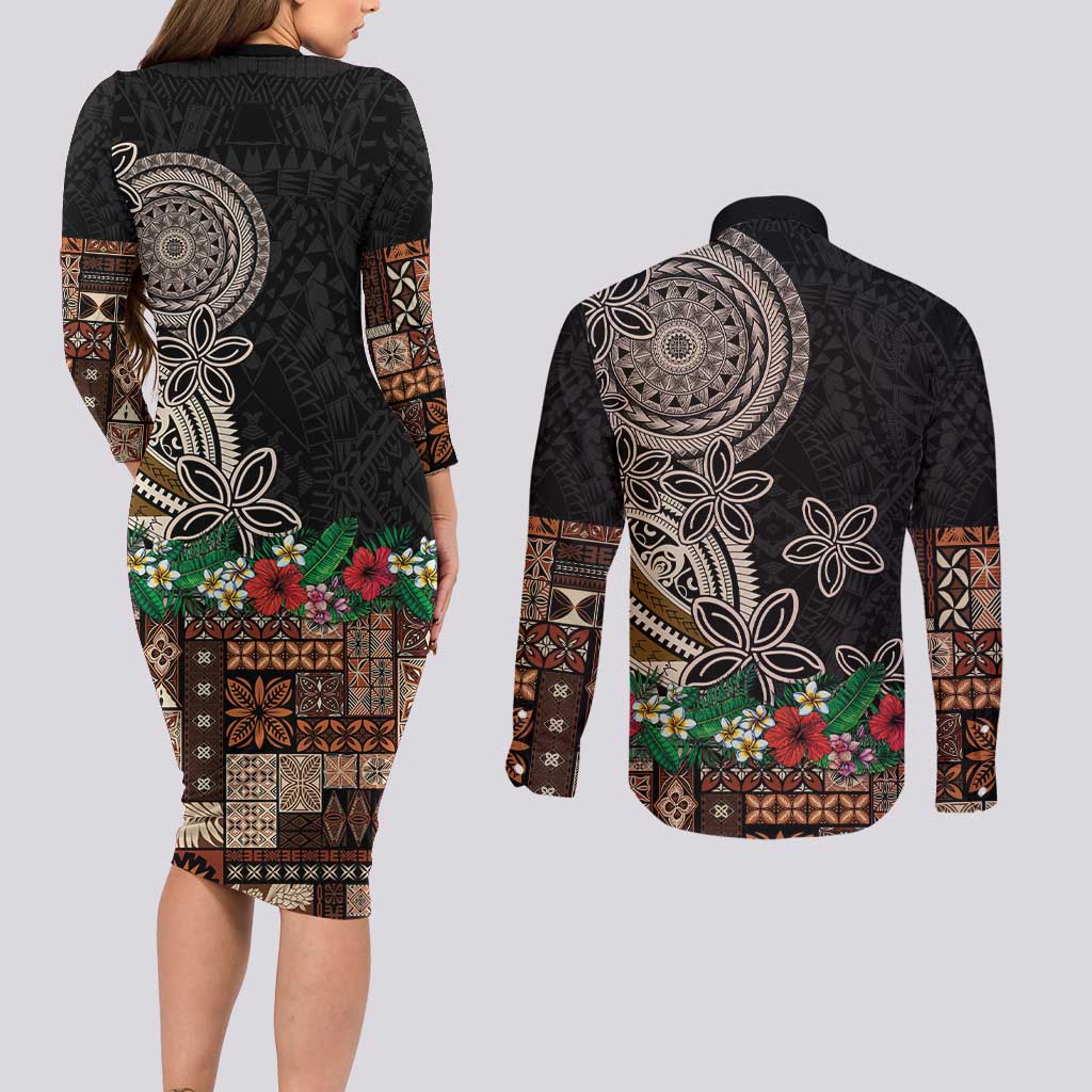 Samoa Siapo Polynesian Art Couples Matching Long Sleeve Bodycon Dress and Long Sleeve Button Shirt Tropical Flowers and Tatau Pattern Brown