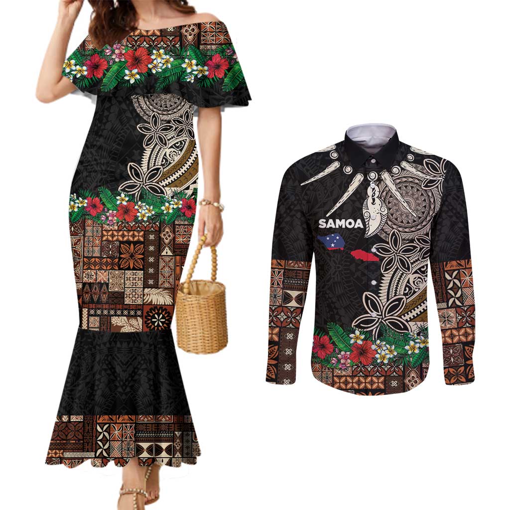 Samoa Siapo Polynesian Art Couples Matching Mermaid Dress and Long Sleeve Button Shirt Tropical Flowers and Tatau Pattern Brown