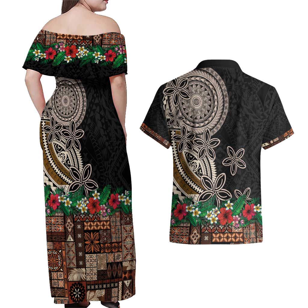 Samoa Siapo Polynesian Art Couples Matching Off Shoulder Maxi Dress and Hawaiian Shirt Tropical Flowers and Tatau Pattern Brown