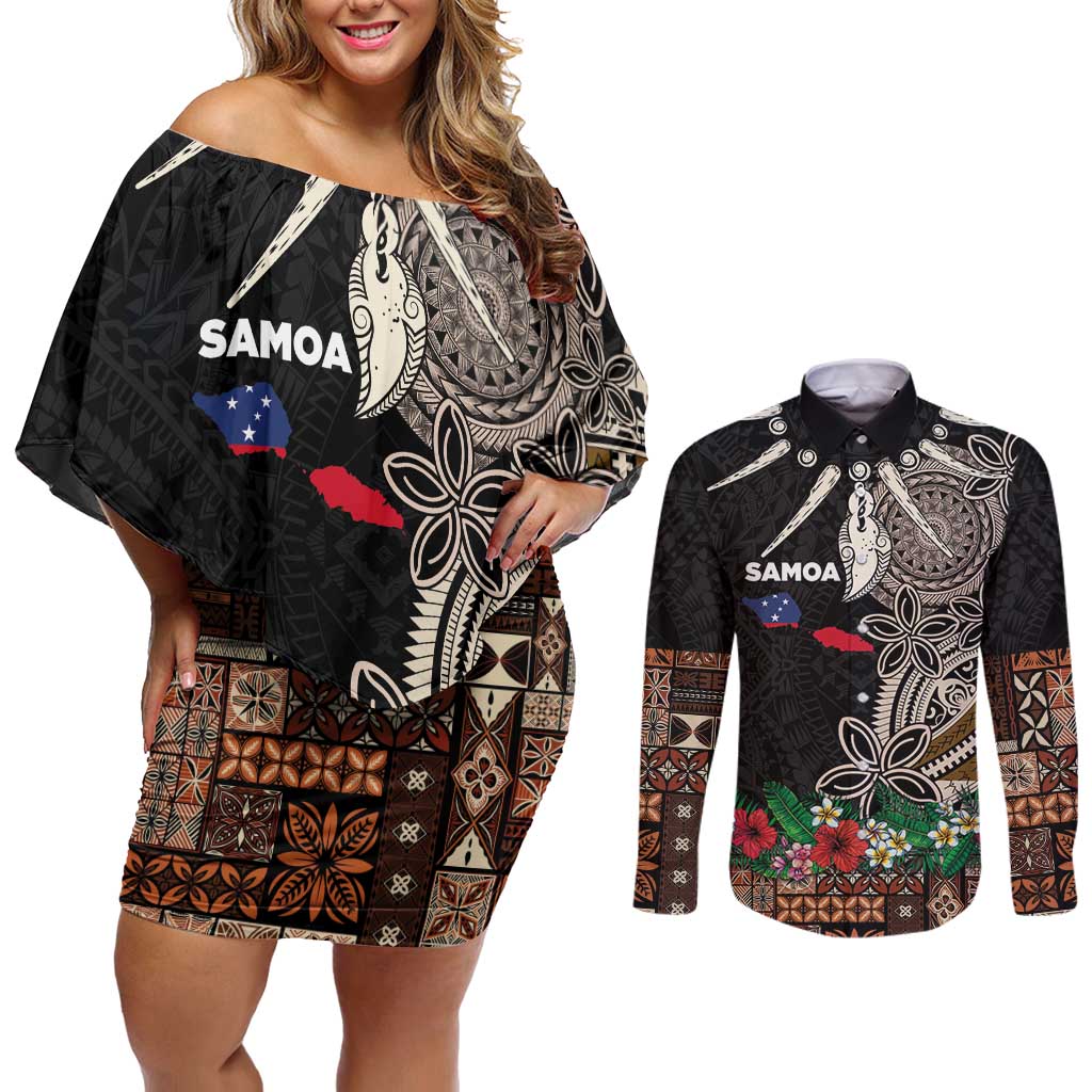 Samoa Siapo Polynesian Art Couples Matching Off Shoulder Short Dress and Long Sleeve Button Shirt Tropical Flowers and Tatau Pattern Brown
