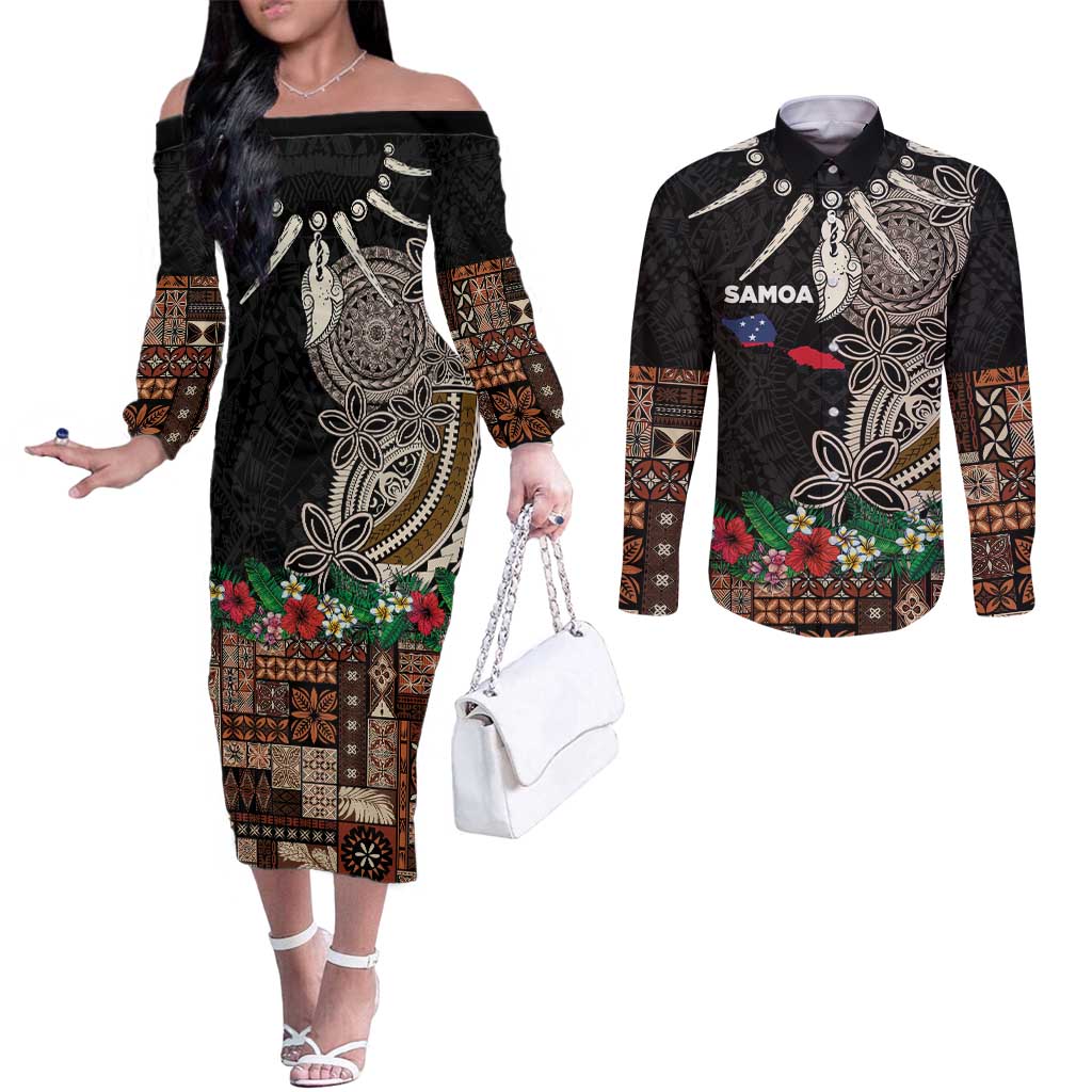 Samoa Siapo Polynesian Art Couples Matching Off The Shoulder Long Sleeve Dress and Long Sleeve Button Shirt Tropical Flowers and Tatau Pattern Brown