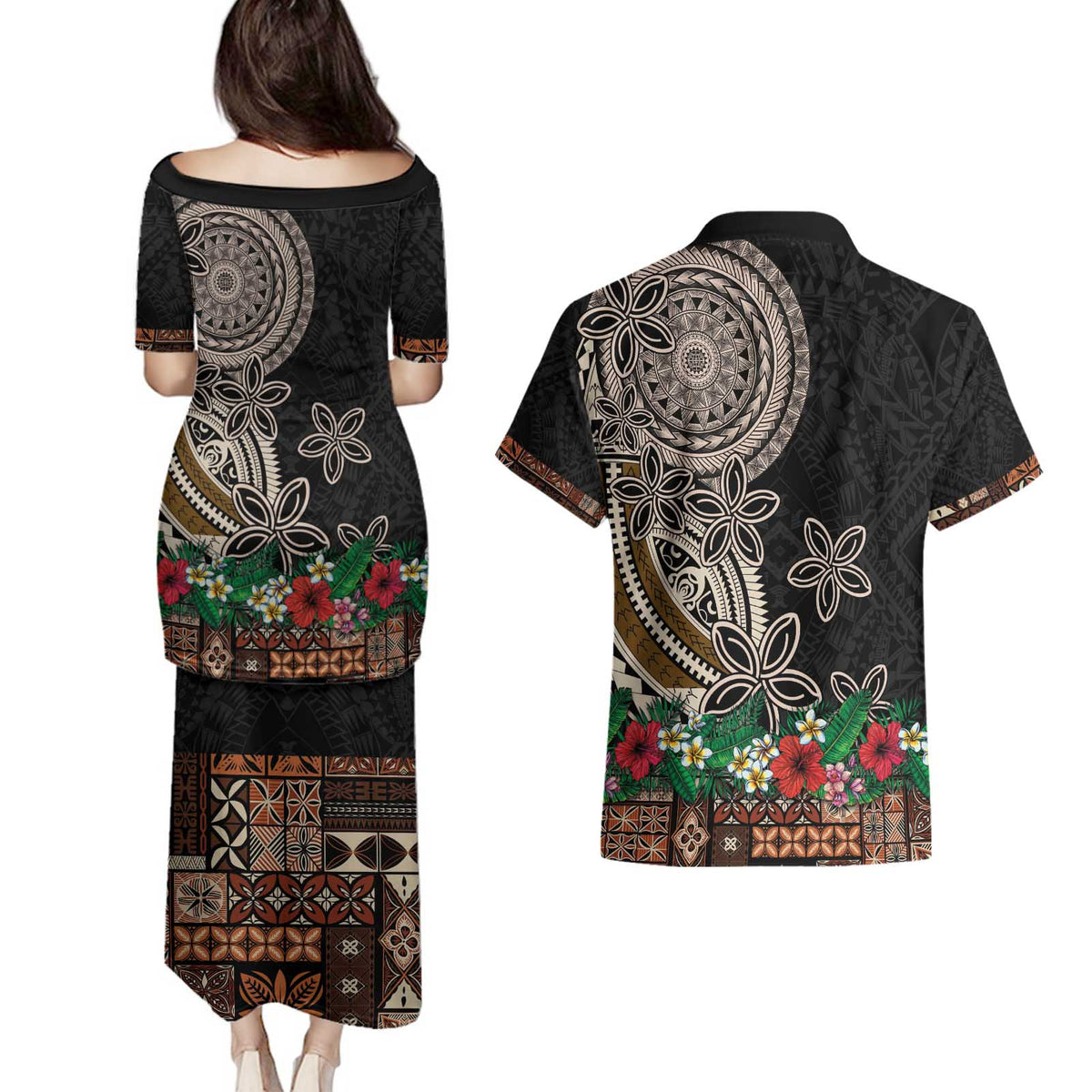 Samoa Siapo Polynesian Art Couples Matching Puletasi and Hawaiian Shirt Tropical Flowers and Tatau Pattern Brown