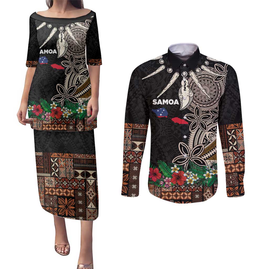 Samoa Siapo Polynesian Art Couples Matching Puletasi and Long Sleeve Button Shirt Tropical Flowers and Tatau Pattern Brown