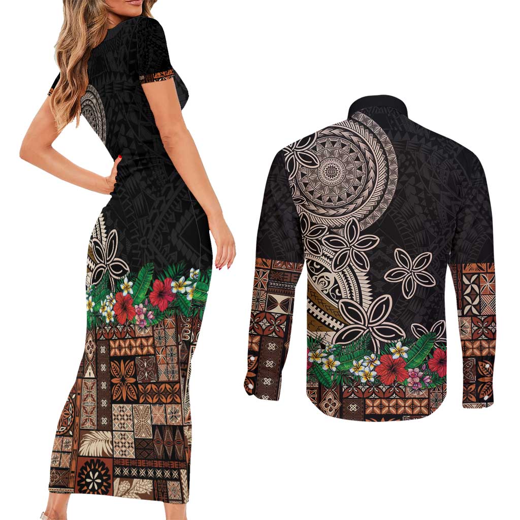 Samoa Siapo Polynesian Art Couples Matching Short Sleeve Bodycon Dress and Long Sleeve Button Shirt Tropical Flowers and Tatau Pattern Brown