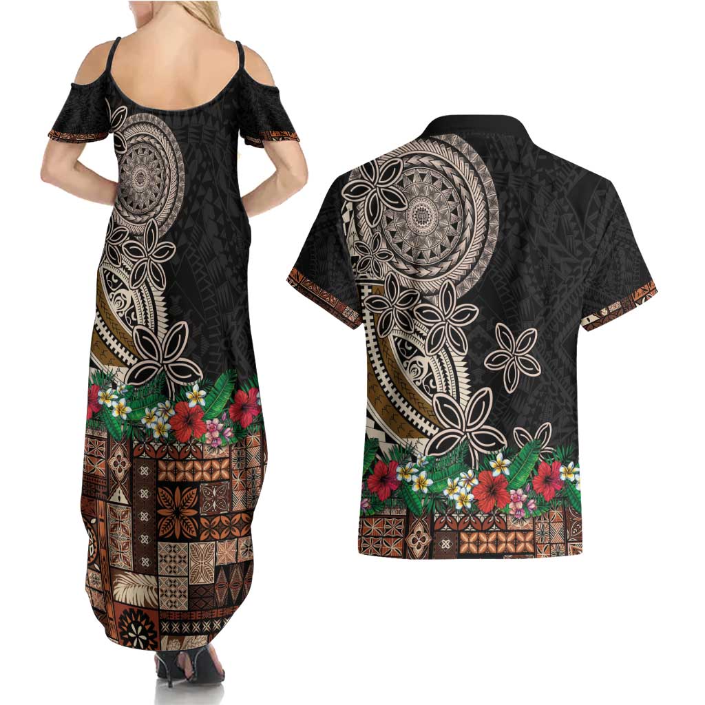 Samoa Siapo Polynesian Art Couples Matching Summer Maxi Dress and Hawaiian Shirt Tropical Flowers and Tatau Pattern Brown