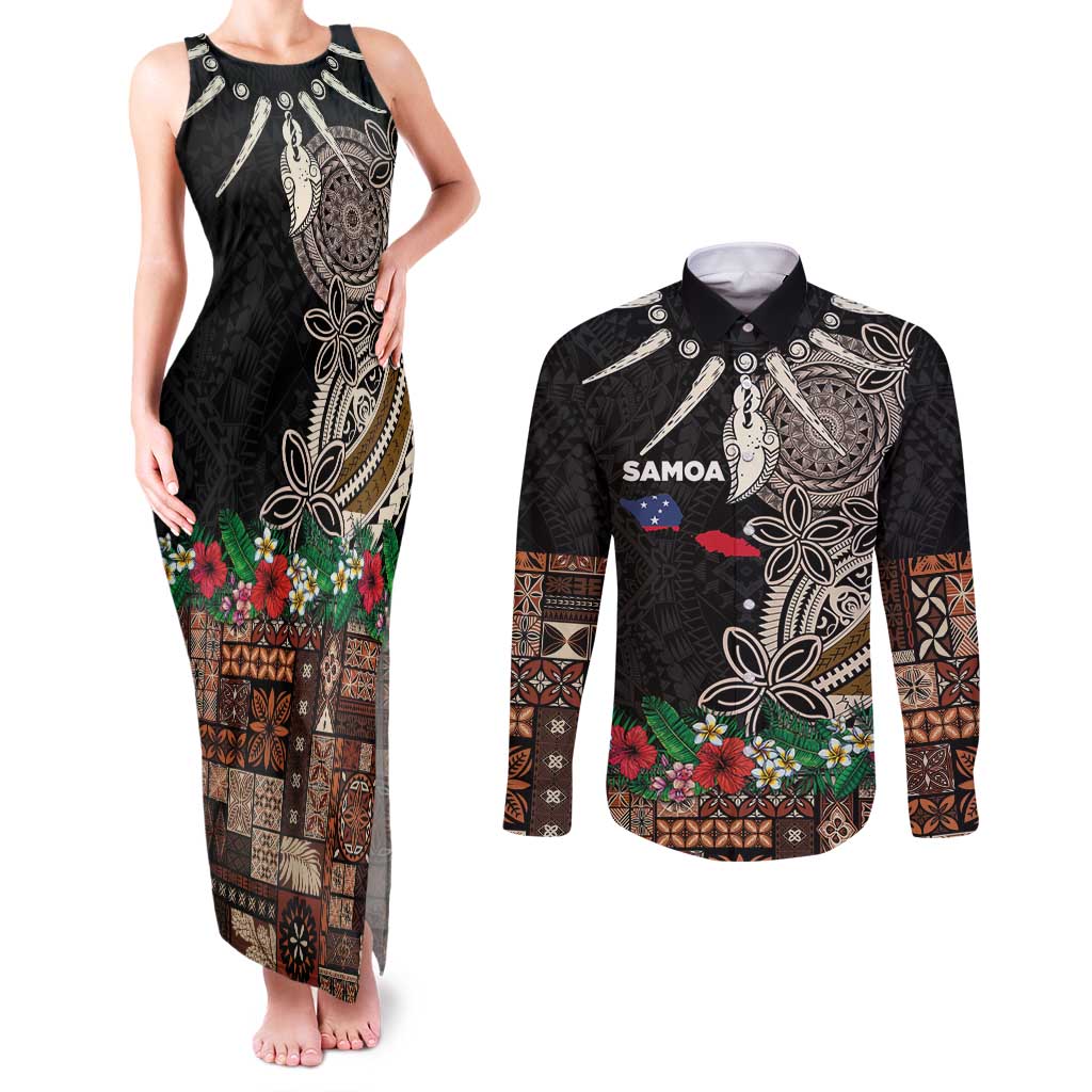 Samoa Siapo Polynesian Art Couples Matching Tank Maxi Dress and Long Sleeve Button Shirt Tropical Flowers and Tatau Pattern Brown