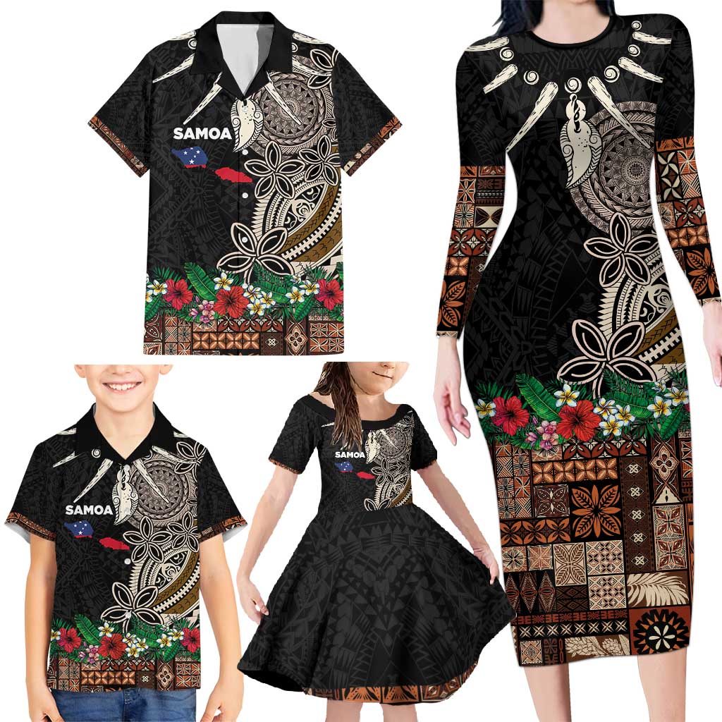 Samoa Siapo Polynesian Art Family Matching Long Sleeve Bodycon Dress and Hawaiian Shirt Tropical Flowers and Tatau Pattern Brown LT03 - Polynesian Pride