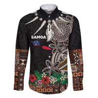 Samoa Siapo Polynesian Art Family Matching Long Sleeve Bodycon Dress and Hawaiian Shirt Tropical Flowers and Tatau Pattern Brown LT03 Dad's Shirt - Long Sleeve Brown - Polynesian Pride