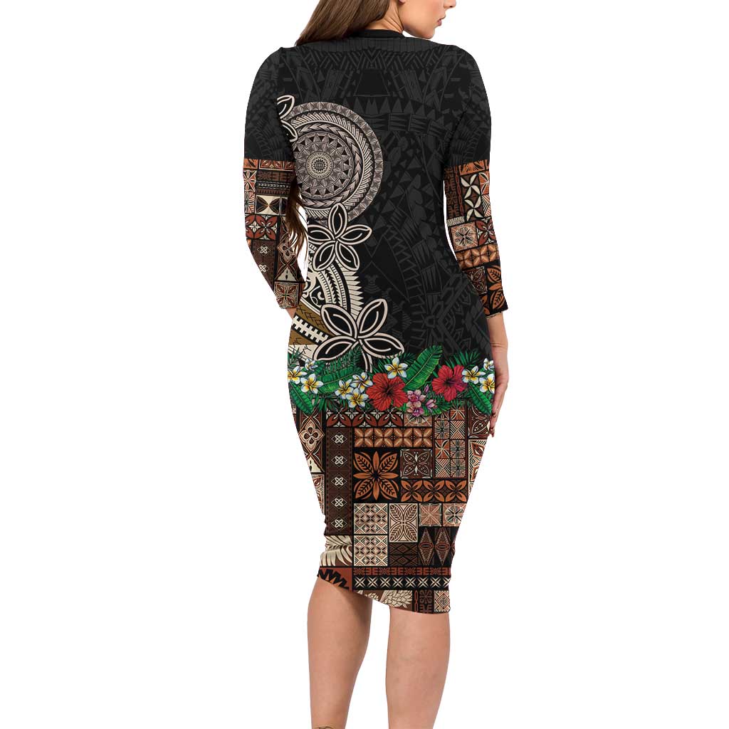 Samoa Siapo Polynesian Art Family Matching Long Sleeve Bodycon Dress and Hawaiian Shirt Tropical Flowers and Tatau Pattern Brown LT03 - Polynesian Pride