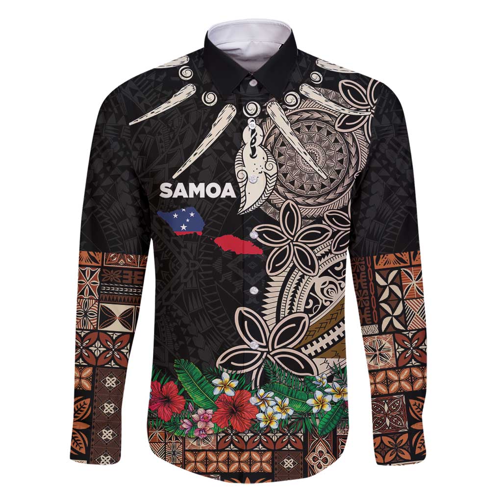 Samoa Siapo Polynesian Art Family Matching Mermaid Dress and Hawaiian Shirt Tropical Flowers and Tatau Pattern Brown LT03 Dad's Shirt - Long Sleeve Brown - Polynesian Pride