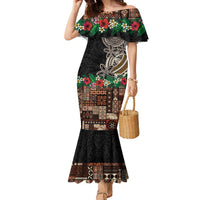 Samoa Siapo Polynesian Art Family Matching Mermaid Dress and Hawaiian Shirt Tropical Flowers and Tatau Pattern Brown LT03 Mom's Dress Brown - Polynesian Pride
