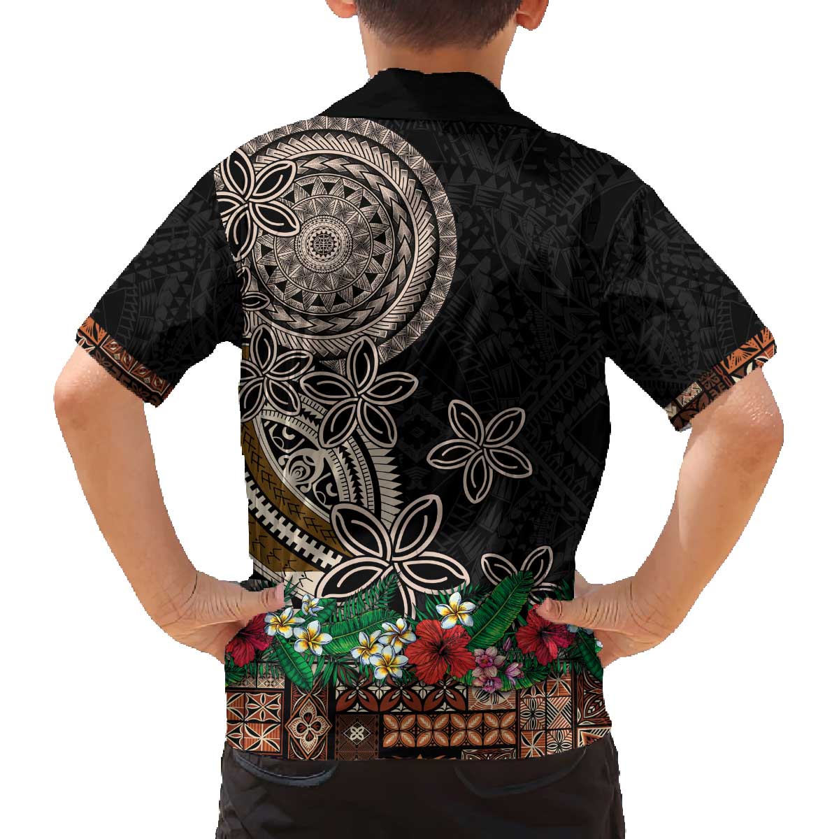 Samoa Siapo Polynesian Art Family Matching Off The Shoulder Long Sleeve Dress and Hawaiian Shirt Tropical Flowers and Tatau Pattern Brown LT03 - Polynesian Pride