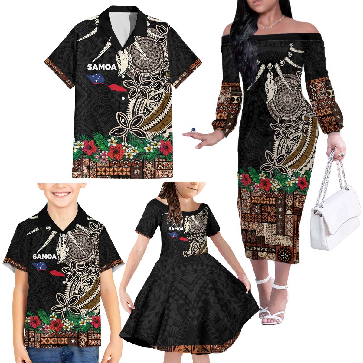 Samoa Siapo Polynesian Art Family Matching Off The Shoulder Long Sleeve Dress and Hawaiian Shirt Tropical Flowers and Tatau Pattern Brown LT03 - Polynesian Pride