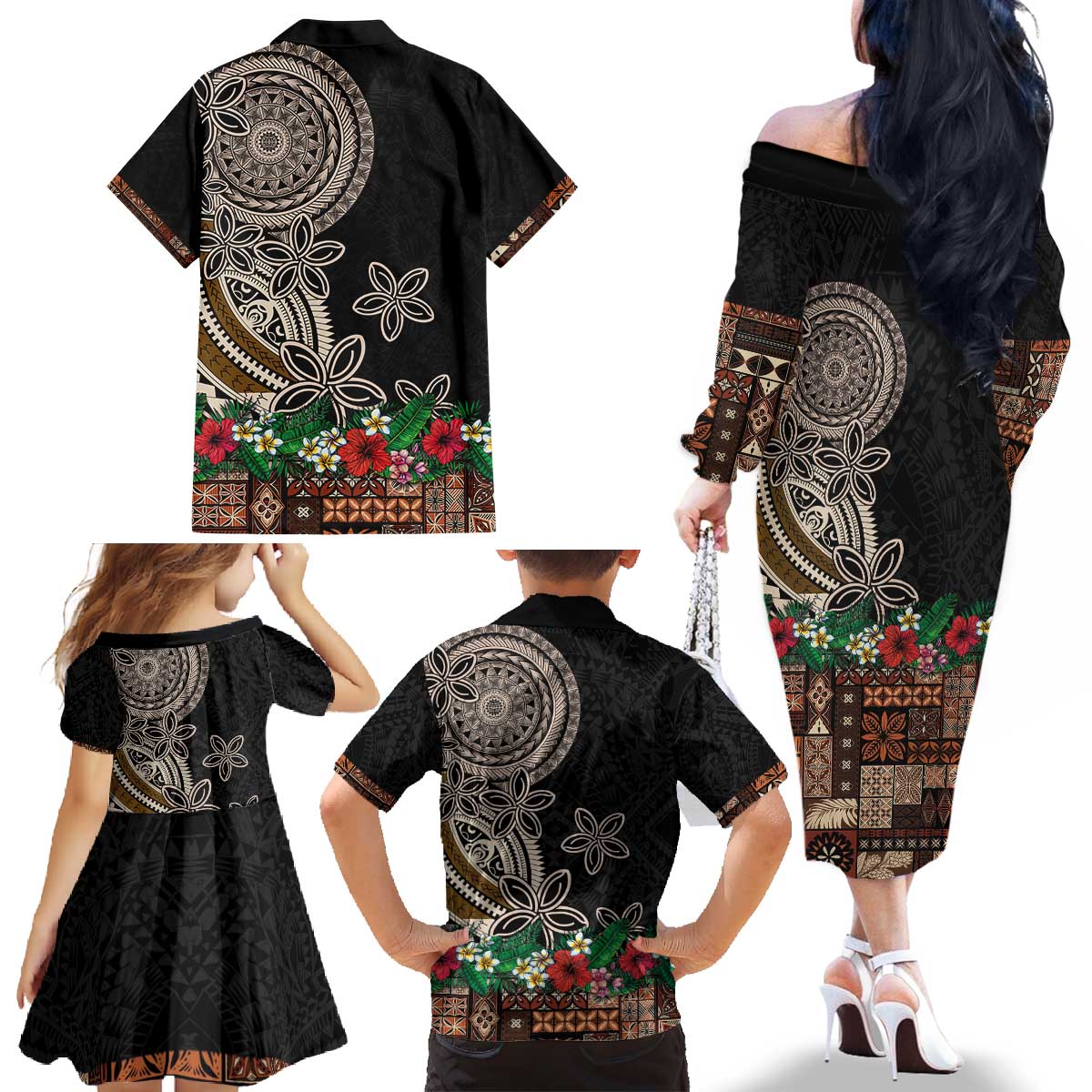 Samoa Siapo Polynesian Art Family Matching Off The Shoulder Long Sleeve Dress and Hawaiian Shirt Tropical Flowers and Tatau Pattern Brown LT03 - Polynesian Pride
