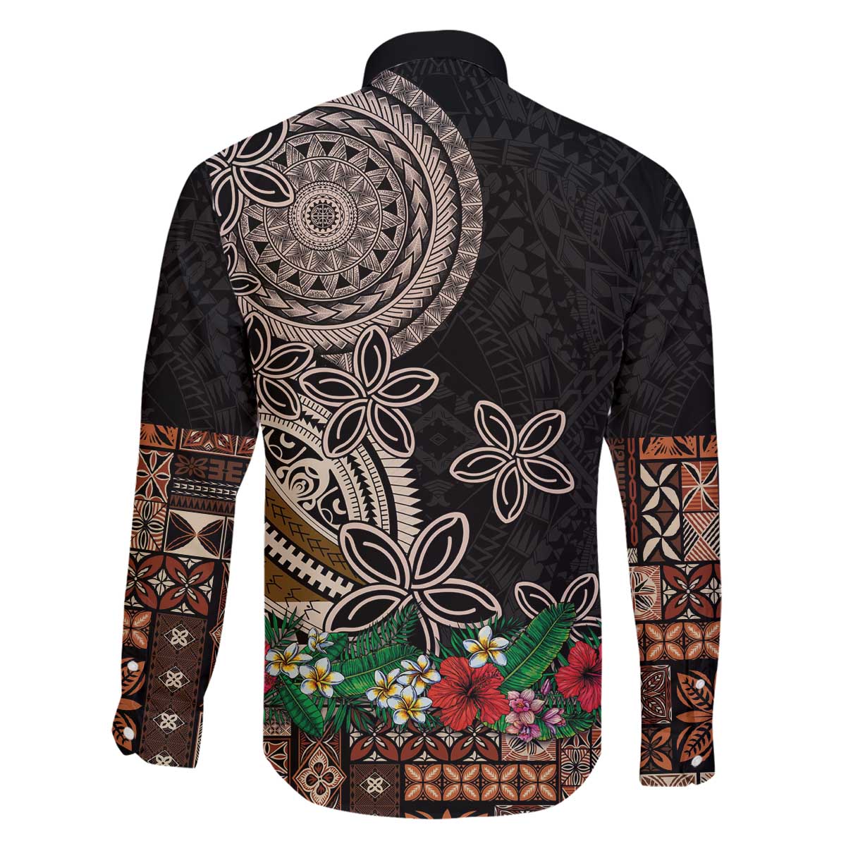 Samoa Siapo Polynesian Art Family Matching Off The Shoulder Long Sleeve Dress and Hawaiian Shirt Tropical Flowers and Tatau Pattern Brown LT03 - Polynesian Pride