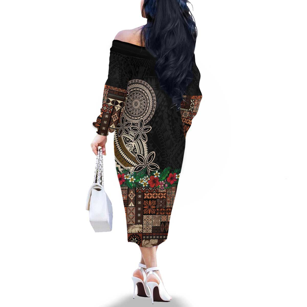 Samoa Siapo Polynesian Art Family Matching Off The Shoulder Long Sleeve Dress and Hawaiian Shirt Tropical Flowers and Tatau Pattern Brown LT03 - Polynesian Pride