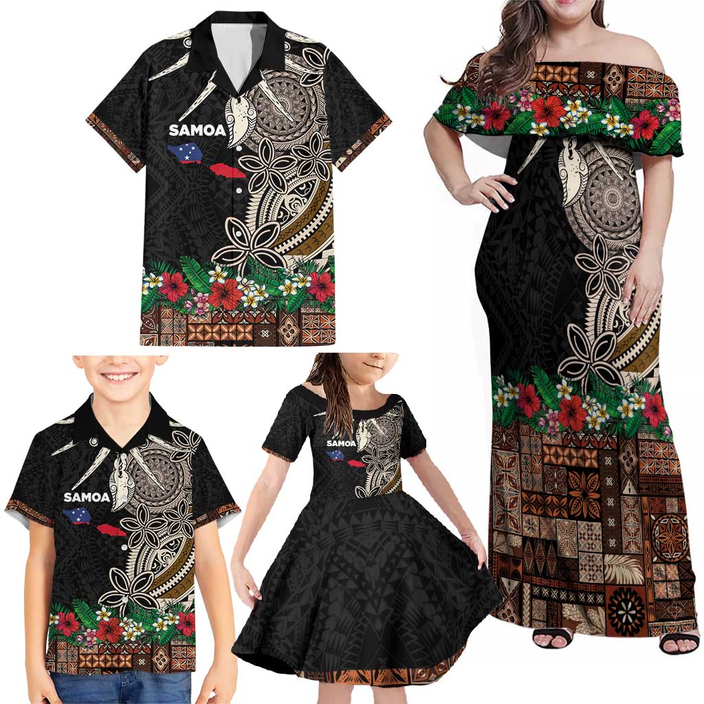 Samoa Siapo Polynesian Art Family Matching Off Shoulder Maxi Dress and Hawaiian Shirt Tropical Flowers and Tatau Pattern Brown LT03 - Polynesian Pride