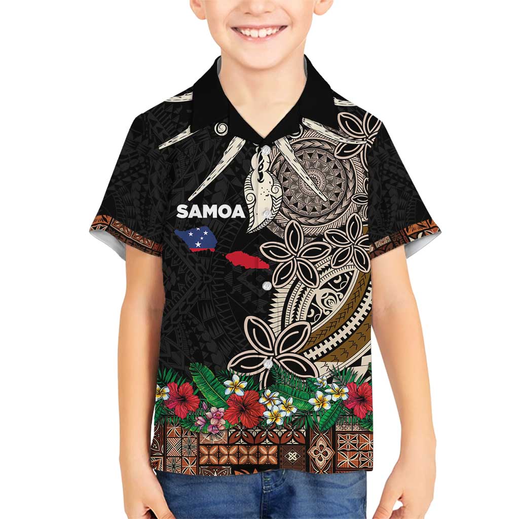 Samoa Siapo Polynesian Art Family Matching Off Shoulder Maxi Dress and Hawaiian Shirt Tropical Flowers and Tatau Pattern Brown LT03 Son's Shirt Brown - Polynesian Pride