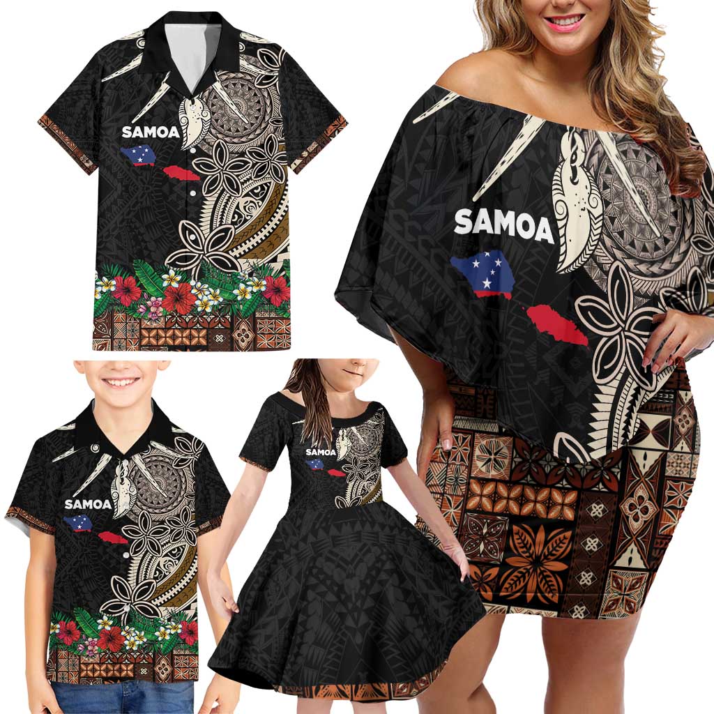 Samoa Siapo Polynesian Art Family Matching Off Shoulder Short Dress and Hawaiian Shirt Tropical Flowers and Tatau Pattern Brown LT03 - Polynesian Pride