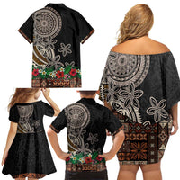 Samoa Siapo Polynesian Art Family Matching Off Shoulder Short Dress and Hawaiian Shirt Tropical Flowers and Tatau Pattern Brown LT03 - Polynesian Pride