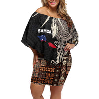 Samoa Siapo Polynesian Art Family Matching Off Shoulder Short Dress and Hawaiian Shirt Tropical Flowers and Tatau Pattern Brown LT03 Mom's Dress Brown - Polynesian Pride