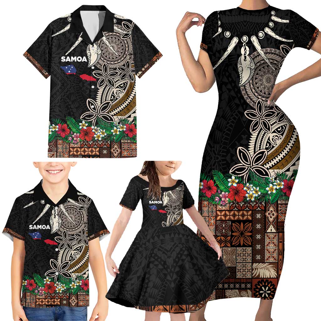 Samoa Siapo Polynesian Art Family Matching Short Sleeve Bodycon Dress and Hawaiian Shirt Tropical Flowers and Tatau Pattern Brown LT03 - Polynesian Pride