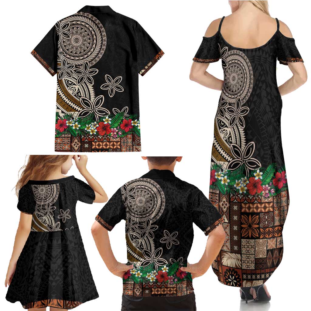 Samoa Siapo Polynesian Art Family Matching Summer Maxi Dress and Hawaiian Shirt Tropical Flowers and Tatau Pattern Brown LT03 - Polynesian Pride
