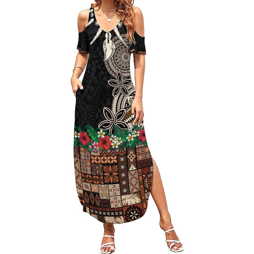 Samoa Siapo Polynesian Art Family Matching Summer Maxi Dress and Hawaiian Shirt Tropical Flowers and Tatau Pattern Brown LT03 Mom's Dress Brown - Polynesian Pride