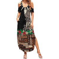 Samoa Siapo Polynesian Art Family Matching Summer Maxi Dress and Hawaiian Shirt Tropical Flowers and Tatau Pattern Brown LT03 Mom's Dress Brown - Polynesian Pride