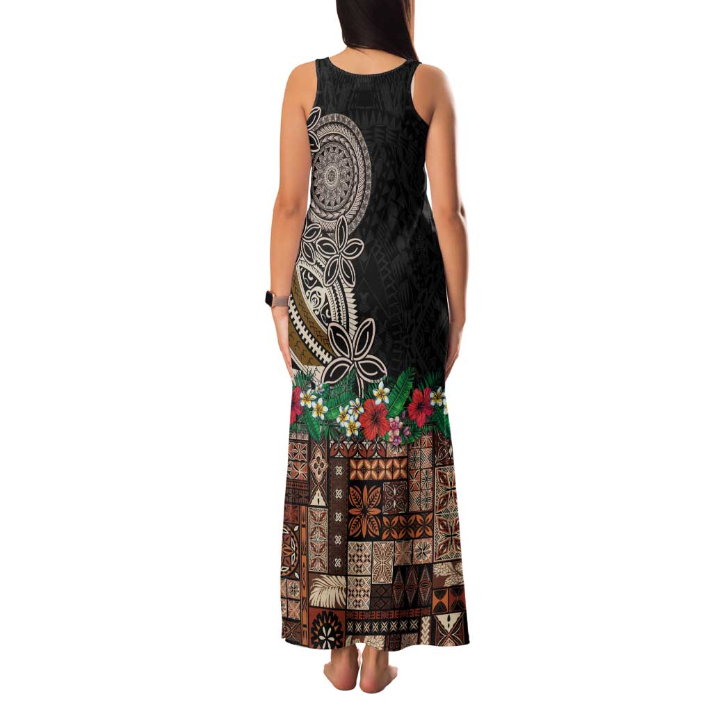 Samoa Siapo Polynesian Art Family Matching Tank Maxi Dress and Hawaiian Shirt Tropical Flowers and Tatau Pattern Brown LT03 - Polynesian Pride