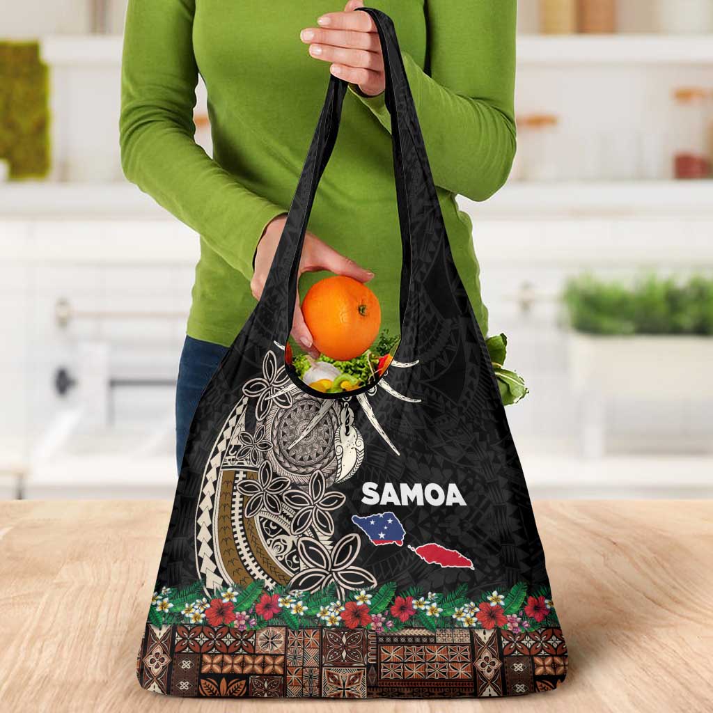 Samoa Siapo Polynesian Art Grocery Bag Tropical Flowers and Tatau Pattern Brown