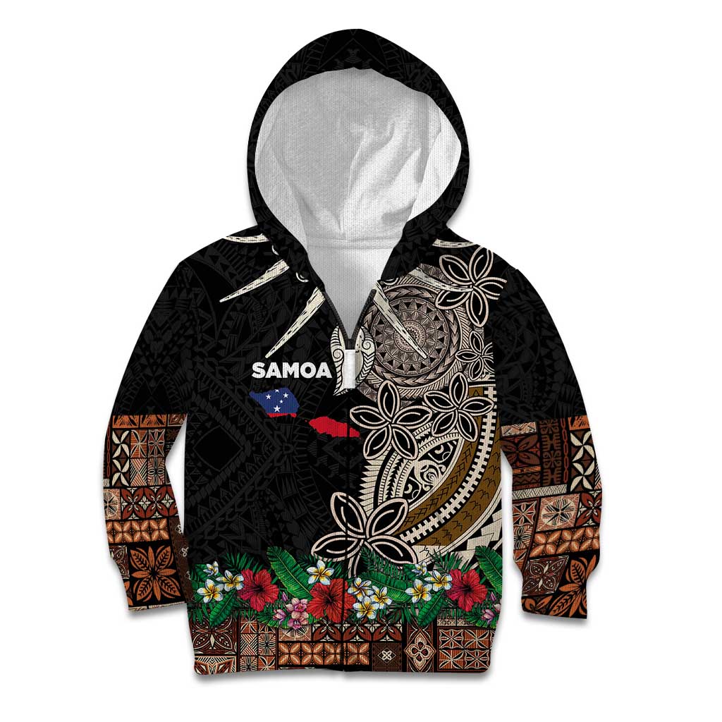 Samoa Siapo Polynesian Art Kid Hoodie Tropical Flowers and Tatau Pattern Brown