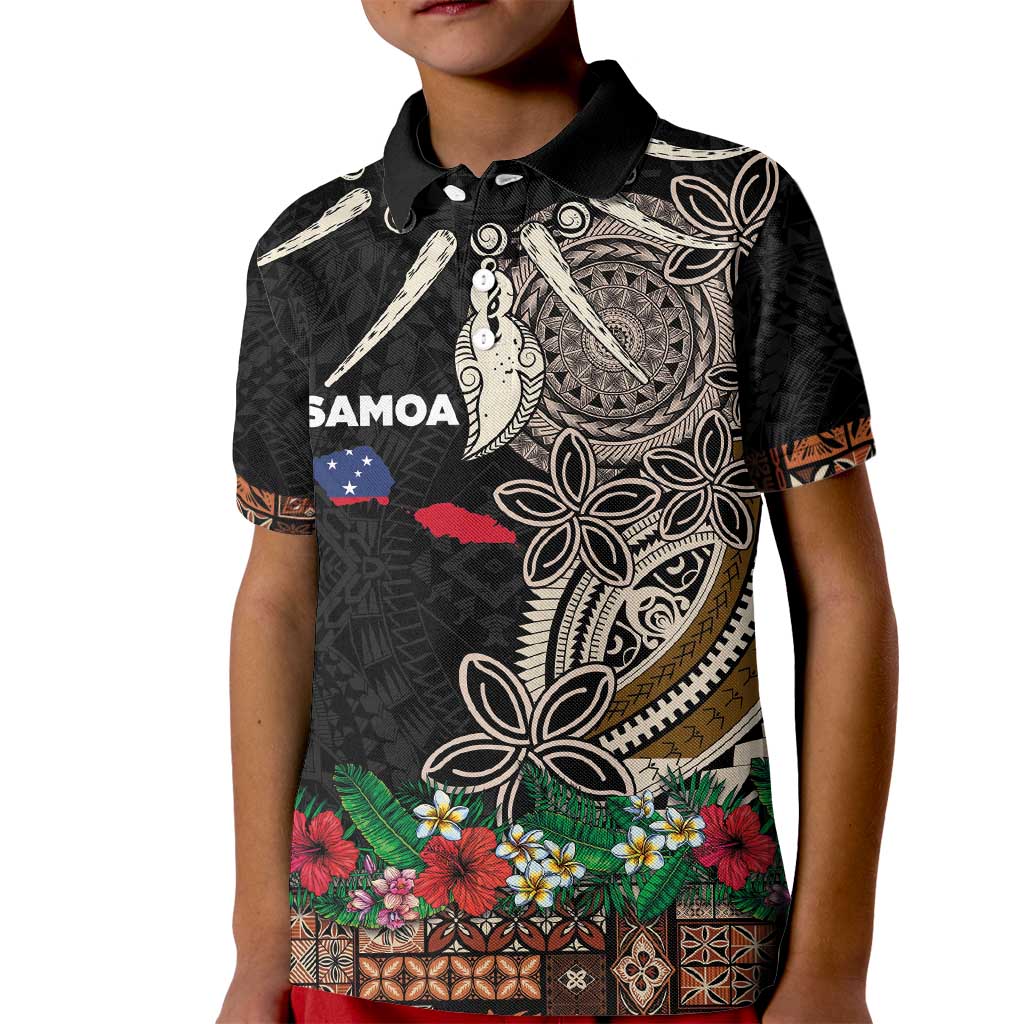 Samoa Siapo Polynesian Art Kid Polo Shirt Tropical Flowers and Tatau Pattern Brown