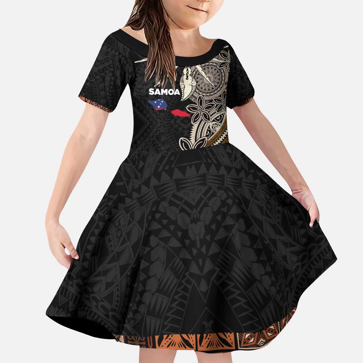 Samoa Siapo Polynesian Art Kid Short Sleeve Dress Tropical Flowers and Tatau Pattern Brown