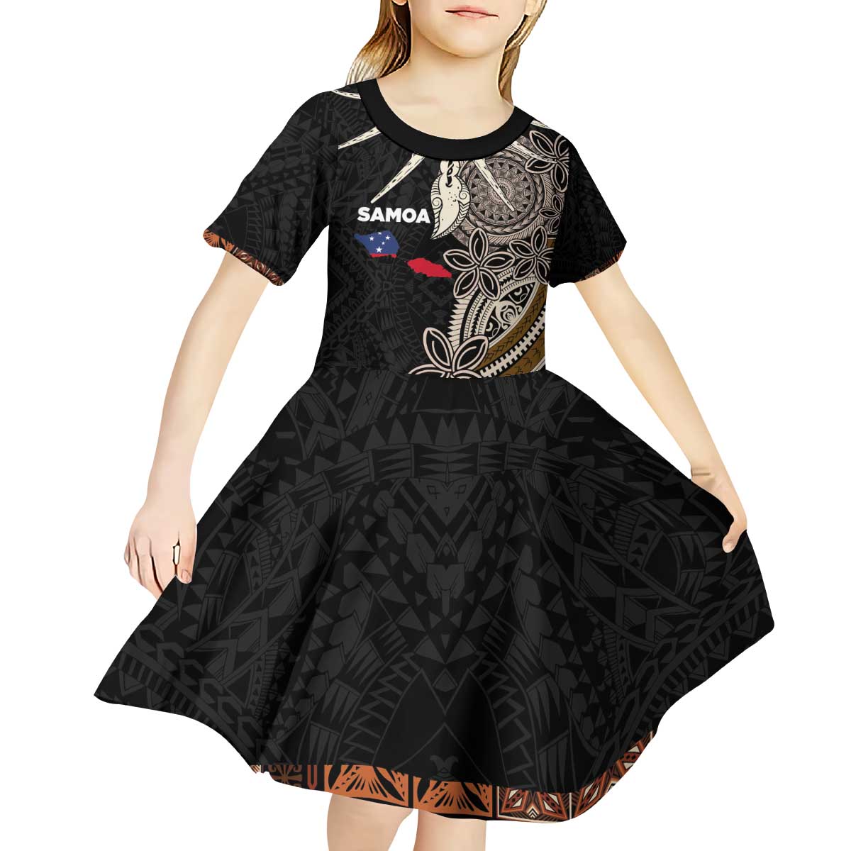 Samoa Siapo Polynesian Art Kid Short Sleeve Dress Tropical Flowers and Tatau Pattern Brown