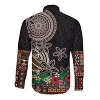 Samoa Siapo Polynesian Art Long Sleeve Button Shirt Tropical Flowers and Tatau Pattern Brown