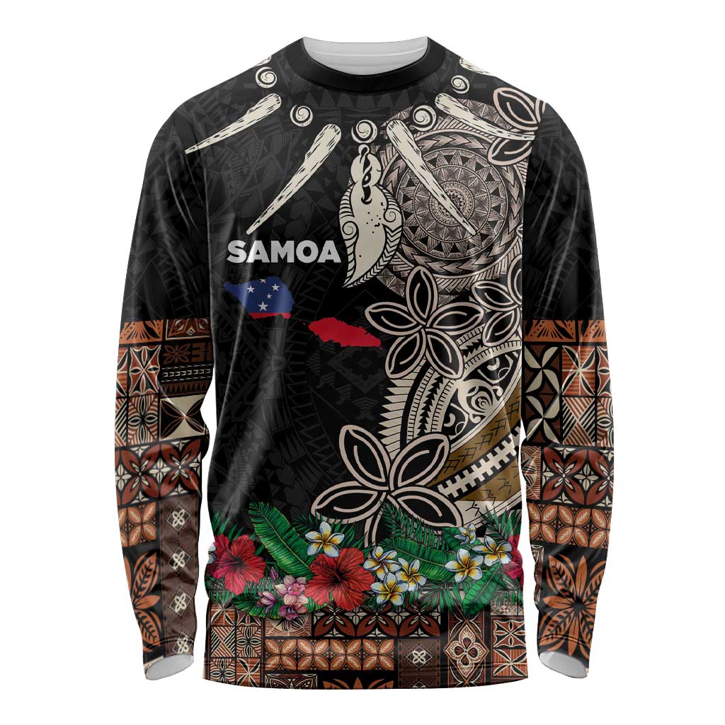 Samoa Siapo Polynesian Art Long Sleeve Shirt Tropical Flowers and Tatau Pattern Brown