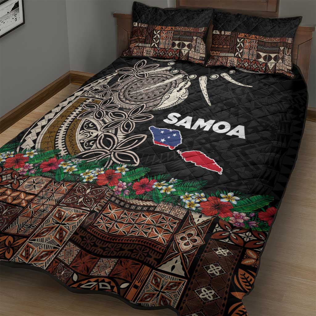 Samoa Siapo Polynesian Art Quilt Bed Set Tropical Flowers and Tatau Pattern Brown