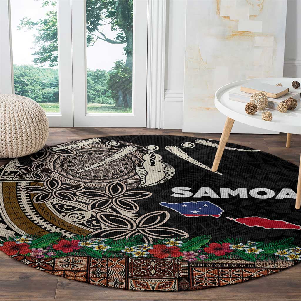 Samoa Siapo Polynesian Art Round Carpet Tropical Flowers and Tatau Pattern Brown