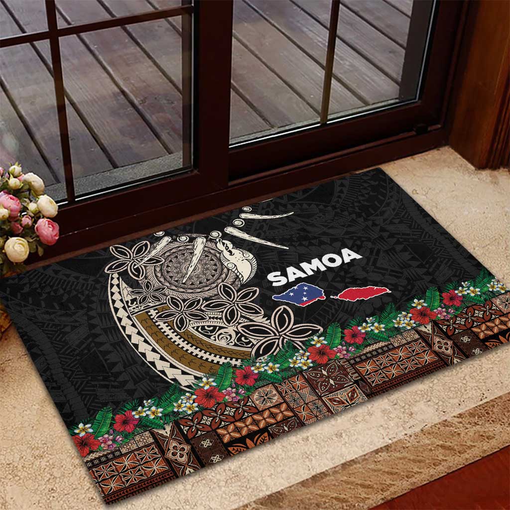 Samoa Siapo Polynesian Art Rubber Doormat Tropical Flowers and Tatau Pattern Brown